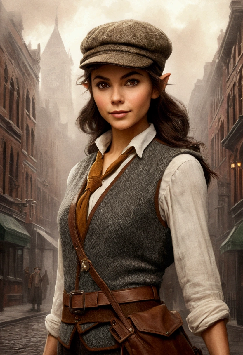 An illustrated movie poster, hand-drawn, full color, an elven maiden, wearing a tweed vest and a newsie cap, tall, toned, amazonian stature, athletic hourglass figure, long pointy elf ears, Amber eyes, dark hair, shaggy bob cut, deep sun-tanned skintone, freckles, resembles Victoria Justice, standing on a foggy Victorian-era street corner, graphite shading, stencil marks, airbrushed acrylic paint, masterpiece, in the style of Sherlock Holmes, elf ears