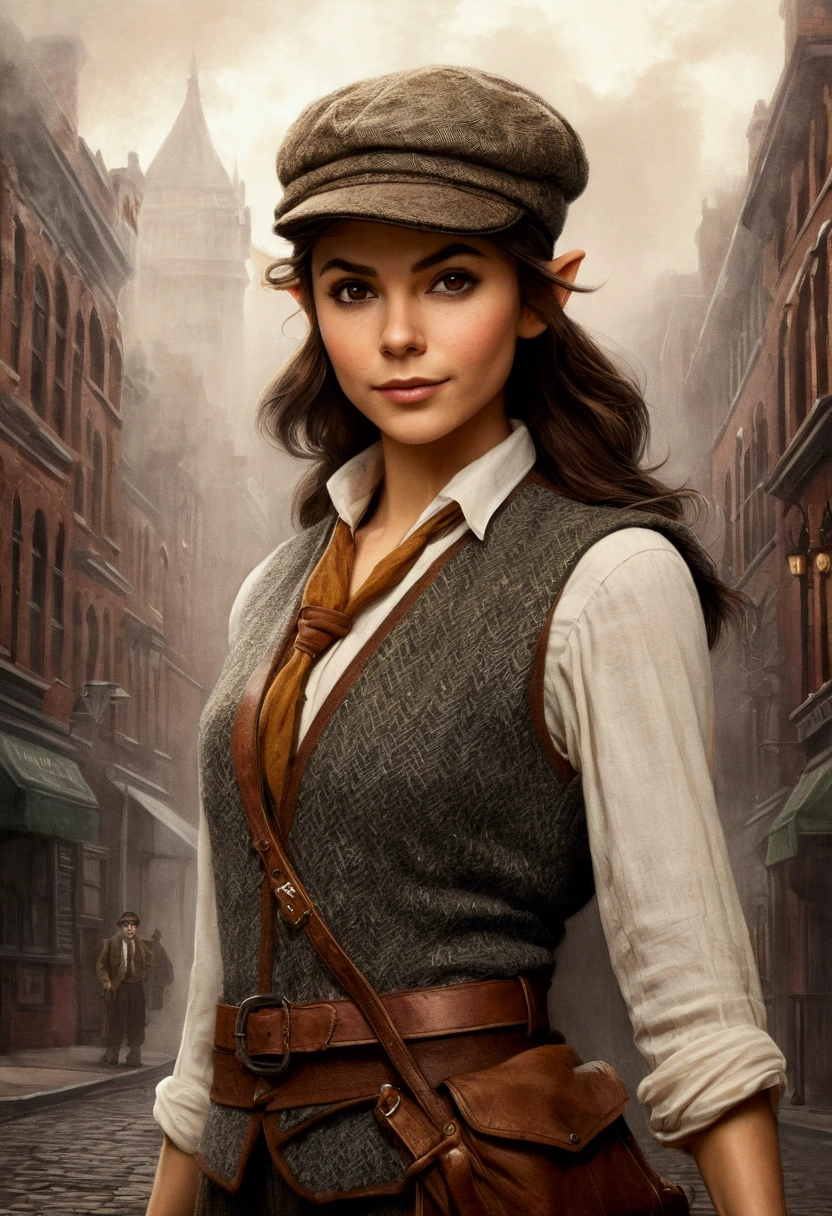 An illustrated movie poster, hand-drawn, full color, an elven maiden, wearing a tweed vest and a newsie cap, tall, toned, amazonian stature, athletic hourglass figure, long pointy elf ears, Amber eyes, dark hair, shaggy bob cut, deep sun-tanned skintone, freckles, resembles Victoria Justice, standing on a foggy Victorian-era street corner, graphite shading, stencil marks, airbrushed acrylic paint, masterpiece, in the style of Sherlock Holmes, elf ears
