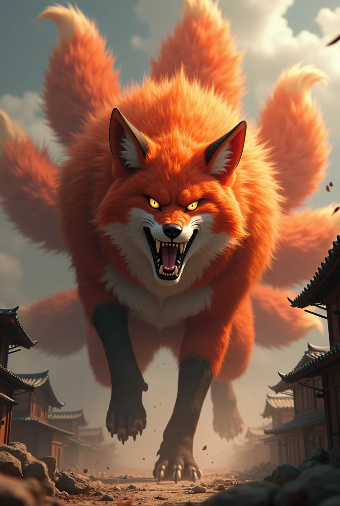 blank ide, edisi nyomot ide dari Ygopro Duelist

candid photography. birdseye view. In a destroyed and burned of japanese village, Kurama, the mighty gigantic nine-tailed fox demon, rampage and destroy everything with his claws, his fiery dark orange fur flowing like an inferno. his mouth widely open showcasing his sharp teeth. His ((9)) tails flowing wildly behind him. Utilizing advanced 3D techniques, the portrait captures every photorealistic detail, showcasing Kurama's terrifying form, wild nature, and piercing golden eyes. embodying raw, untamed force. The atmospheric scene, combined with hyper-realistic rendering of fur, muscular physique, and intense expression, creates a visually stunning, faithful representation of the iconic Naruto character.