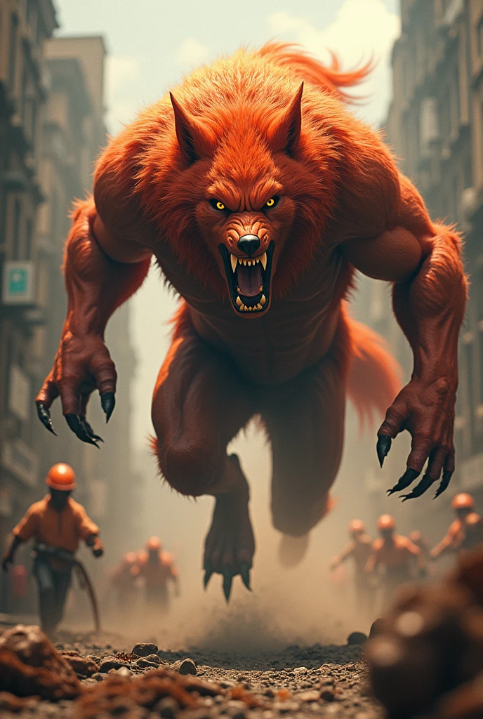 A fierce werewolf with red fur and a height of three meters fleeing from the crowd, flying with his eyes on his back.