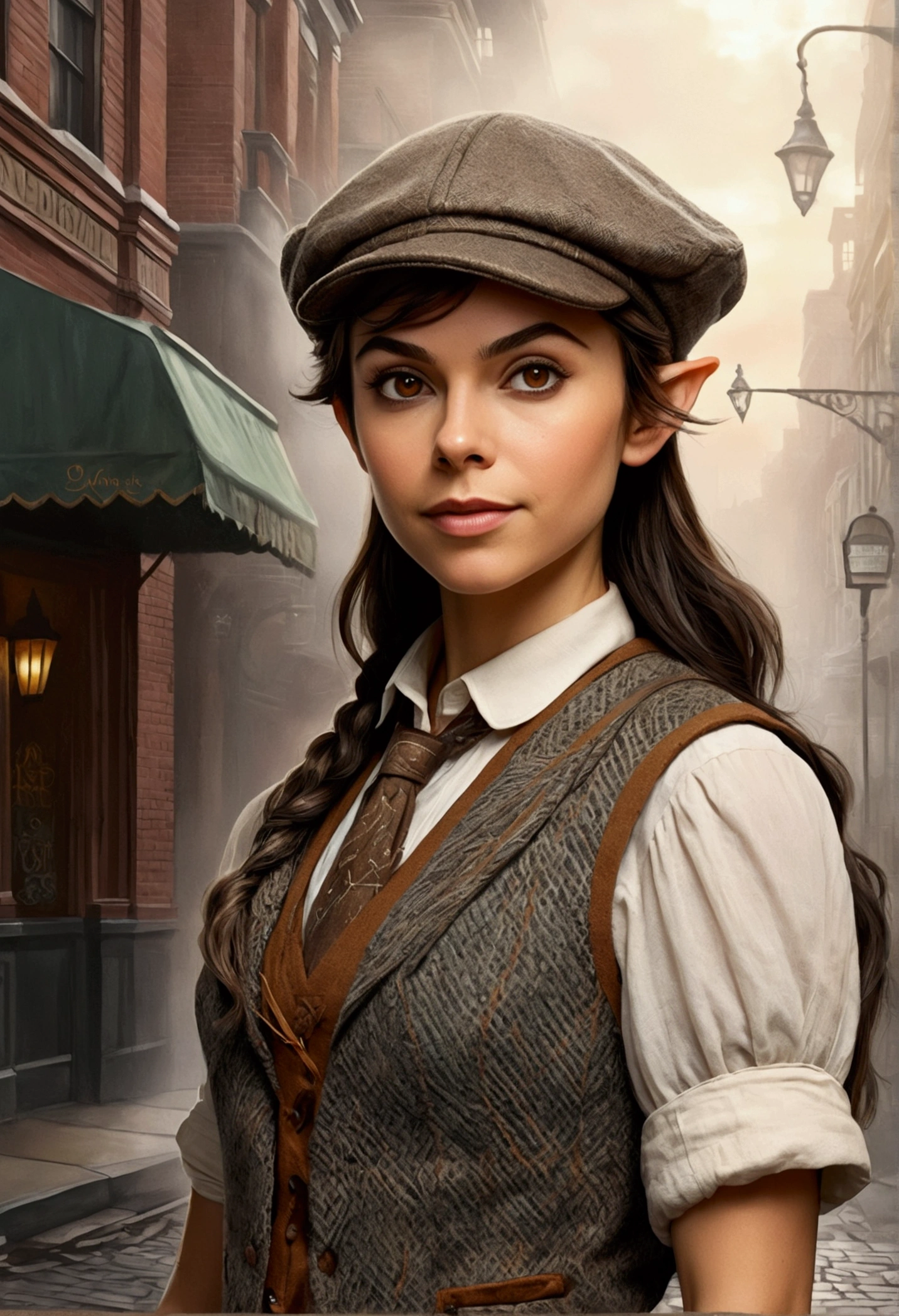 An illustrated movie poster, hand-drawn, full color, an elven maiden, wearing a tweed vest and a newsie cap, tall, toned, amazonian stature, athletic hourglass figure, long pointy elf ears, Amber eyes, dark hair, shaggy bob cut, deep sun-tanned skintone, freckles, resembles Victoria Justice, standing on a foggy Victorian-era street corner, graphite shading, stencil marks, airbrushed acrylic paint, masterpiece, in the style of Sherlock Holmes, elf ears