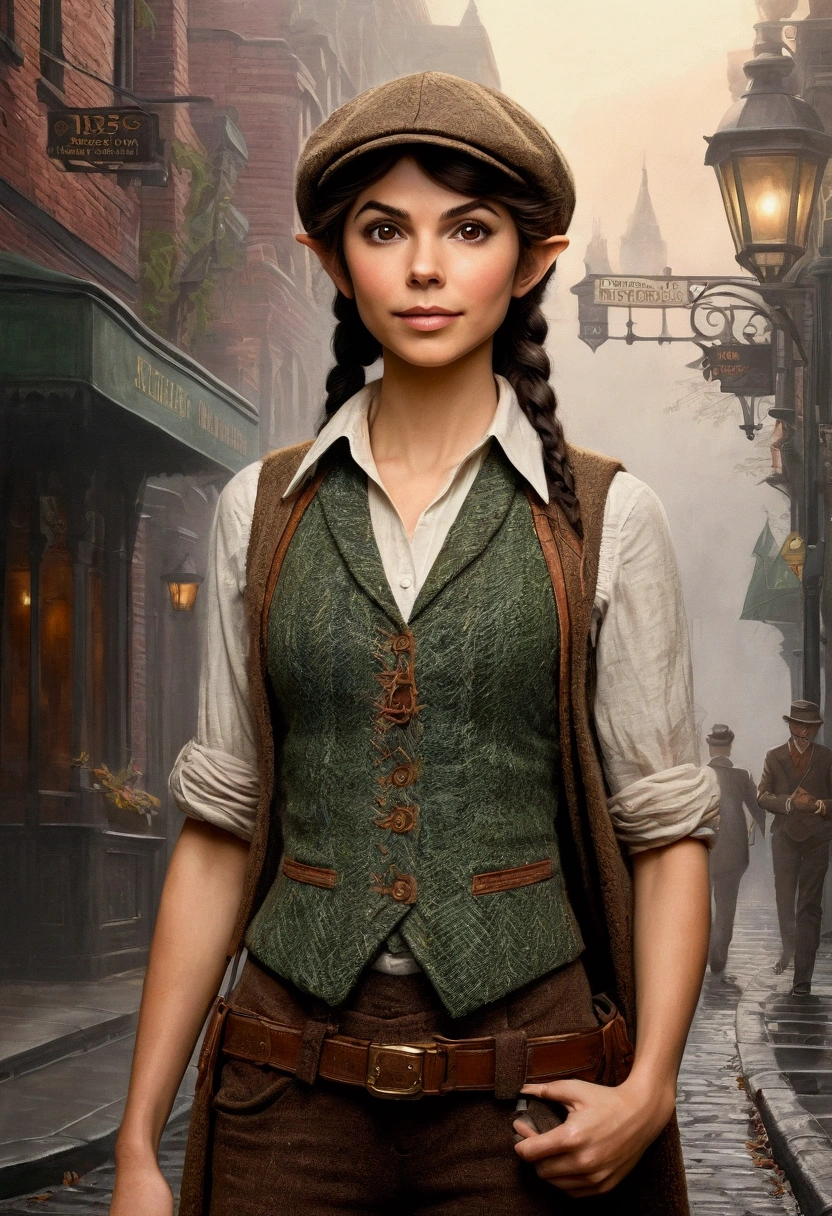 An illustrated movie poster, hand-drawn, full color, an elven maiden, wearing a tweed vest and a newsie cap, tall, toned, amazonian stature, athletic hourglass figure, long pointy elf ears, Amber eyes, dark hair, shaggy bob cut, deep sun-tanned skintone, freckles, resembles Victoria Justice, standing on a foggy Victorian-era street corner, graphite shading, stencil marks, airbrushed acrylic paint, masterpiece, in the style of Sherlock Holmes, elf ears