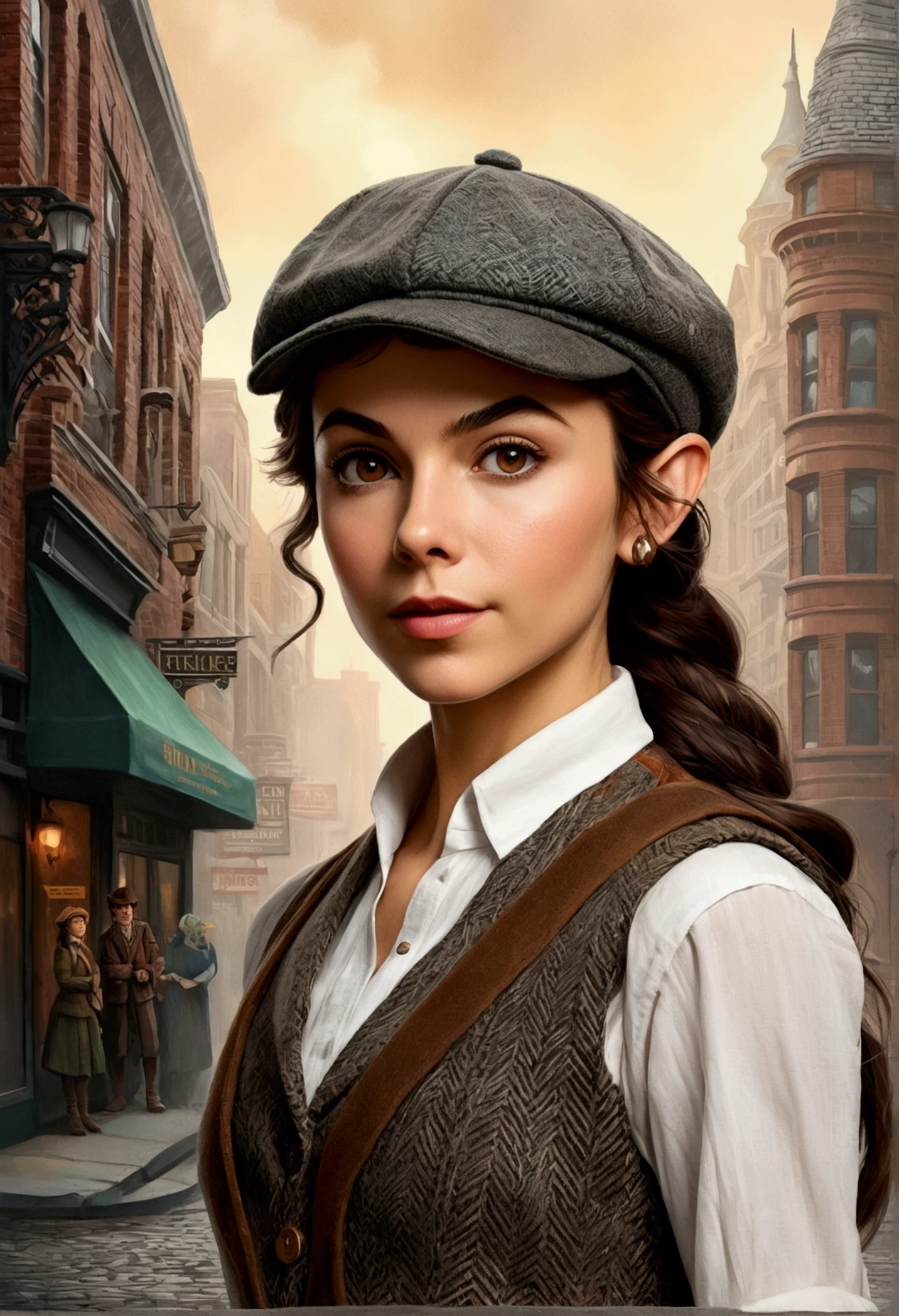 An illustrated movie poster, hand-drawn, full color, an elven maiden, wearing a tweed vest and a newsie cap, tall, toned, amazonian stature, athletic hourglass figure, long pointy elf ears, Amber eyes, dark hair, shaggy bob cut, deep sun-tanned skintone, freckles, resembles Victoria Justice, standing on a foggy Victorian-era street corner, graphite shading, stencil marks, airbrushed acrylic paint, masterpiece, in the style of Sherlock Holmes, elf ears