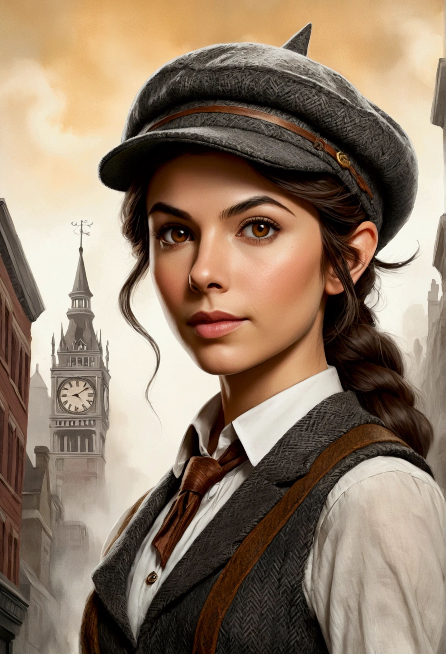 An illustrated movie poster, hand-drawn, full color, an elven maiden, wearing a tweed vest and a newsie cap, tall, toned, amazonian stature, athletic hourglass figure, long pointy elf ears, Amber eyes, dark hair, shaggy bob cut, deep sun-tanned skintone, freckles, resembles Victoria Justice, standing on a foggy Victorian-era street corner, graphite shading, stencil marks, airbrushed acrylic paint, masterpiece, in the style of Sherlock Holmes, elf ears