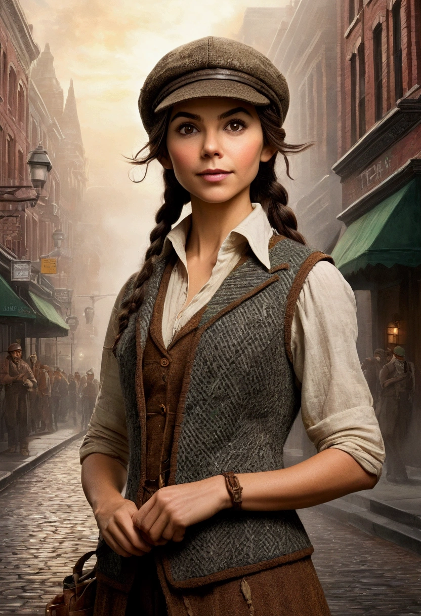 An illustrated movie poster, hand-drawn, full color, an elven maiden, wearing a tweed vest and a newsie cap, tall, toned, amazonian stature, athletic hourglass figure, long pointy elf ears, Amber eyes, dark hair, shaggy bob cut, deep sun-tanned skintone, freckles, resembles Victoria Justice, standing on a foggy Victorian-era street corner, graphite shading, stencil marks, airbrushed acrylic paint, masterpiece, in the style of Sherlock Holmes, elf ears