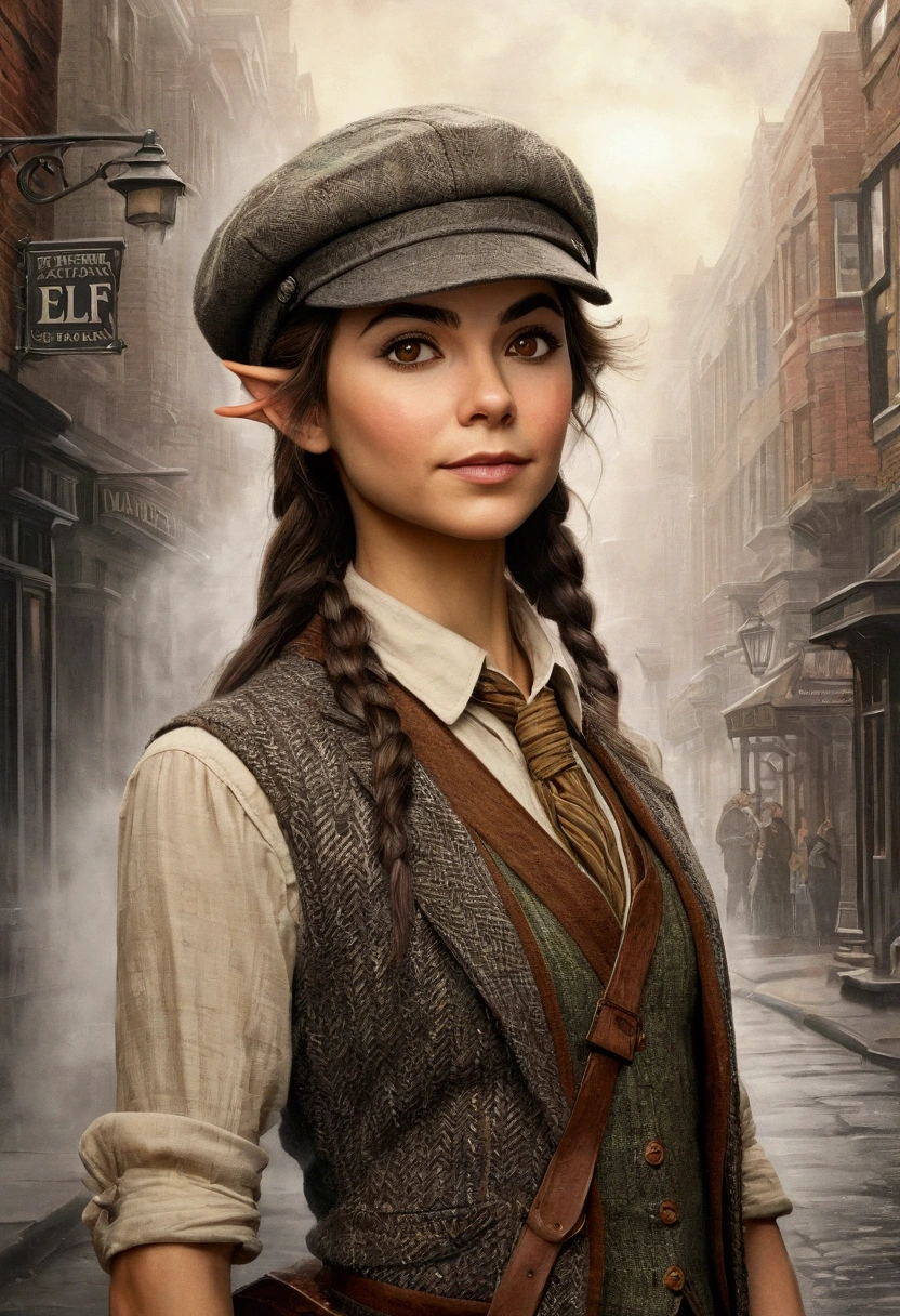 An illustrated movie poster, hand-drawn, full color, an elven maiden, wearing a tweed vest and a newsie cap, tall, toned, amazonian stature, athletic hourglass figure, long pointy elf ears, Amber eyes, dark hair, shaggy bob cut, deep sun-tanned skintone, freckles, resembles Victoria Justice, standing on a foggy Victorian-era street corner, graphite shading, stencil marks, airbrushed acrylic paint, masterpiece, in the style of Sherlock Holmes, elf ears