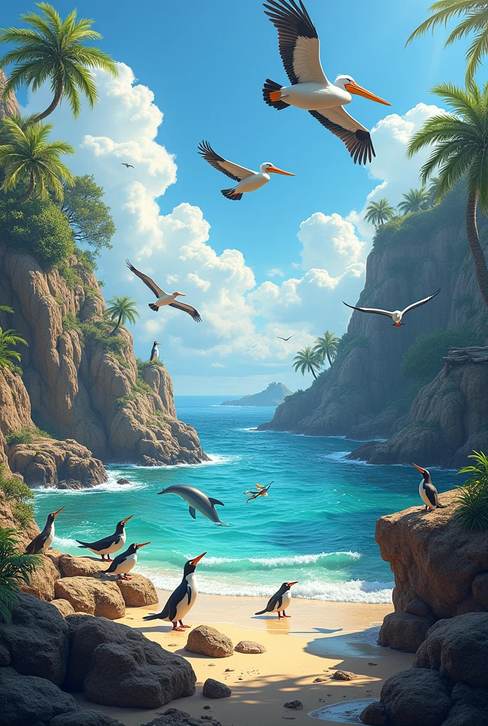 pelican, Humboldt penguins, leon marino, Nutria, delfin mular, guano birds on an island