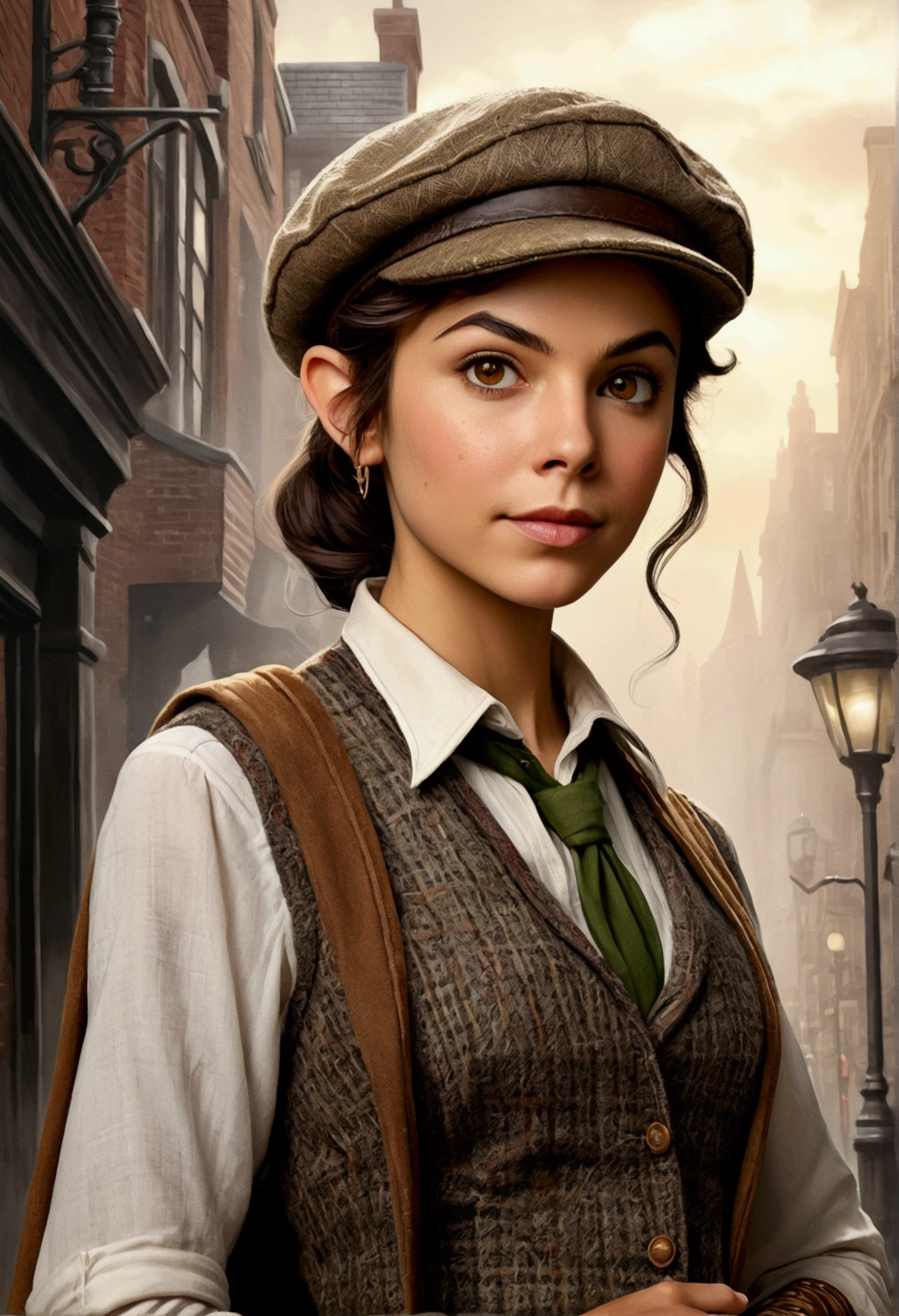 An illustrated movie poster, hand-drawn, full color, an elven maiden, wearing a tweed vest and a newsie cap, tall, toned, amazonian stature, athletic hourglass figure, long pointy elf ears, Amber eyes, dark hair, shaggy bob cut, deep sun-tanned skintone, freckles, resembles Victoria Justice, standing on a foggy Victorian-era street corner, graphite shading, stencil marks, airbrushed acrylic paint, masterpiece, in the style of Sherlock Holmes, elf ears