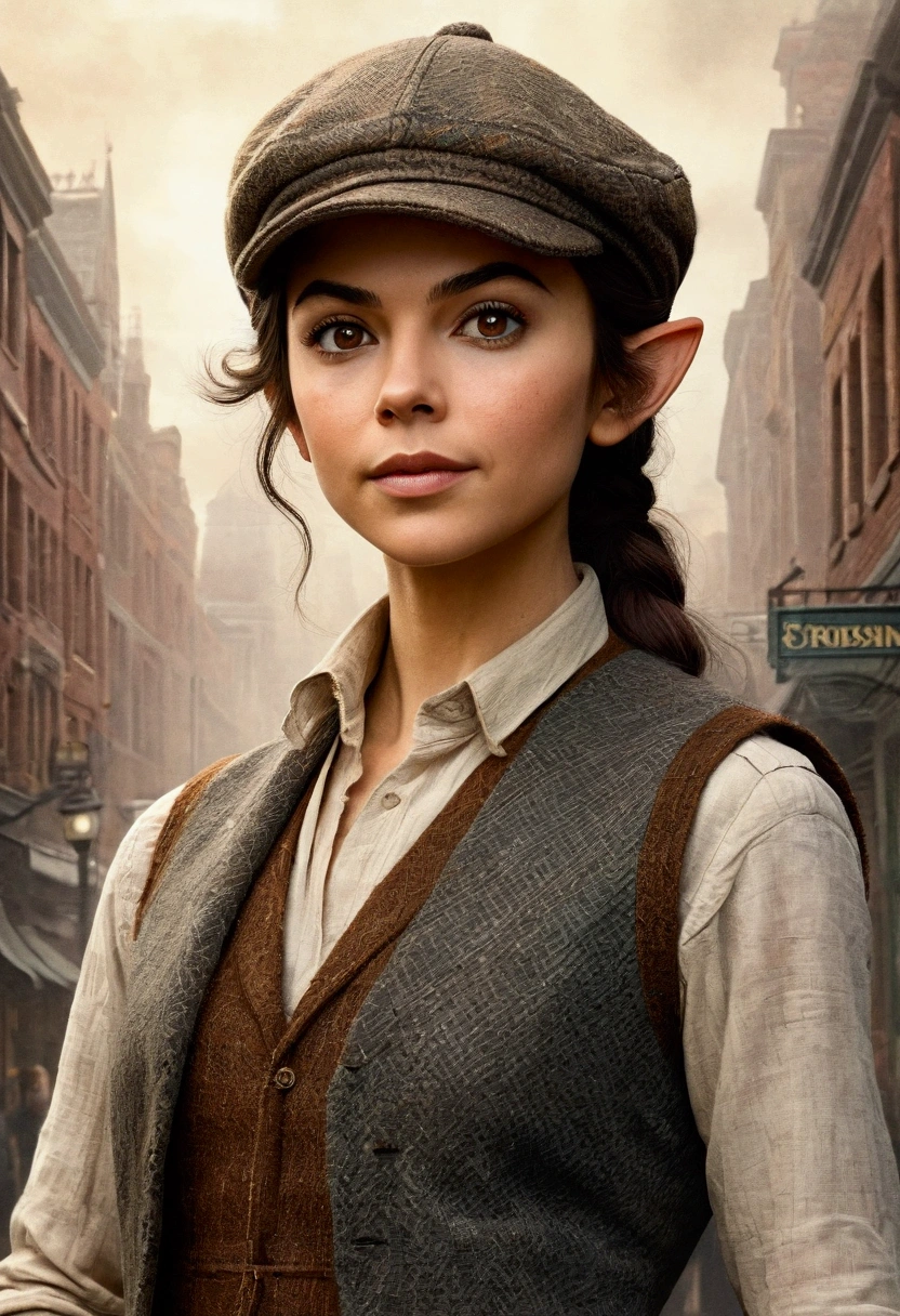 An illustrated movie poster, hand-drawn, full color, an elven maiden, wearing a tweed vest and a newsie cap, tall, toned, amazonian stature, athletic hourglass figure, long pointy elf ears, Amber eyes, dark hair, shaggy bob cut, deep sun-tanned skintone, freckles, resembles Victoria Justice, standing on a foggy Victorian-era street corner, graphite shading, stencil marks, airbrushed acrylic paint, masterpiece, in the style of Sherlock Holmes, elf ears