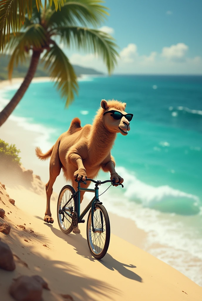 An athlete camel wearing sunglasses ,  riding a women&#39;s bike on a steep road , surrounded by beach sand , with speed and in the background the blue sea.
the landscape with coconut trees and lots of wind

