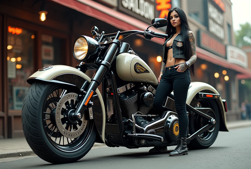 A striking custom motorcycle Harley Davidson is positioned prominently on the street. The bike features a gleaming black and white exterior with chrome and gold accents, showcasing its heavy-duty build. The front wheel is notably wide, and the bike has a retro design enhanced by modern detailing. a young woman with long black hair, many tattoos, dressed in tight jeans and a small leather vest with patches stands next to the motorcycle In the background a Saloon.