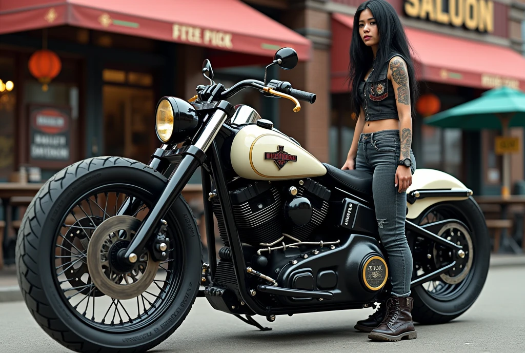 A striking custom motorcycle Harley Davidson is positioned prominently on the street. The bike features a gleaming black and white exterior with chrome and gold accents, showcasing its heavy-duty build. The front wheel is notably wide, and the bike has a retro design enhanced by modern detailing. a young woman with long black hair, many tattoos, dressed in tight jeans and a small leather vest with patches stands next to the motorcycle In the background a Saloon.