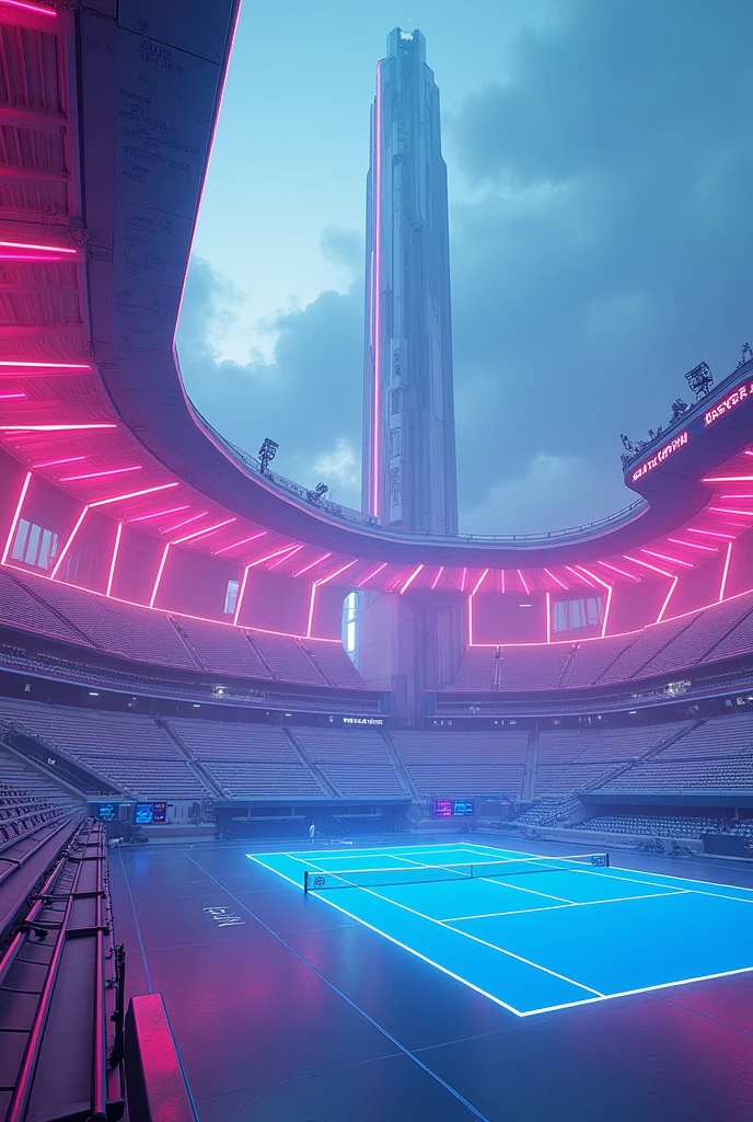 Futuristic tennis court with huge floating bleachers and neon pink and blue lights emanating from all directions , great level a football stadium