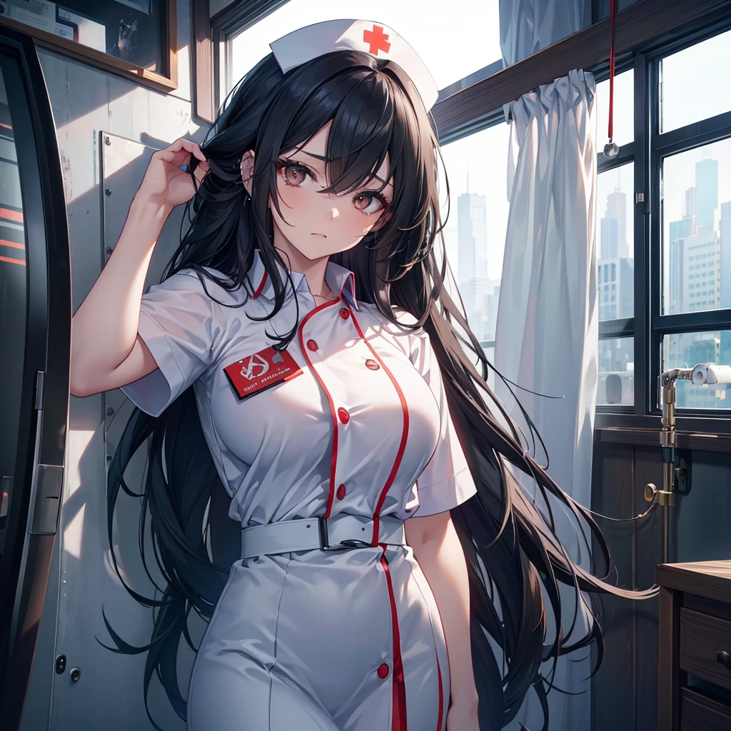a nurse with long dark hair, piercing gaze, and a stern expression, no cap, full body view, high resolution, detailed, anime-style illustration, beautiful black hair, almond-shaped eyes, brown eyes, looking down with an intense, psychotic demeanor, large breasts, no piercings, (best quality,4k,8k,highres,masterpiece:1.2),ultra-detailed,(realistic,photorealistic,photo-realistic:1.37), Background White,