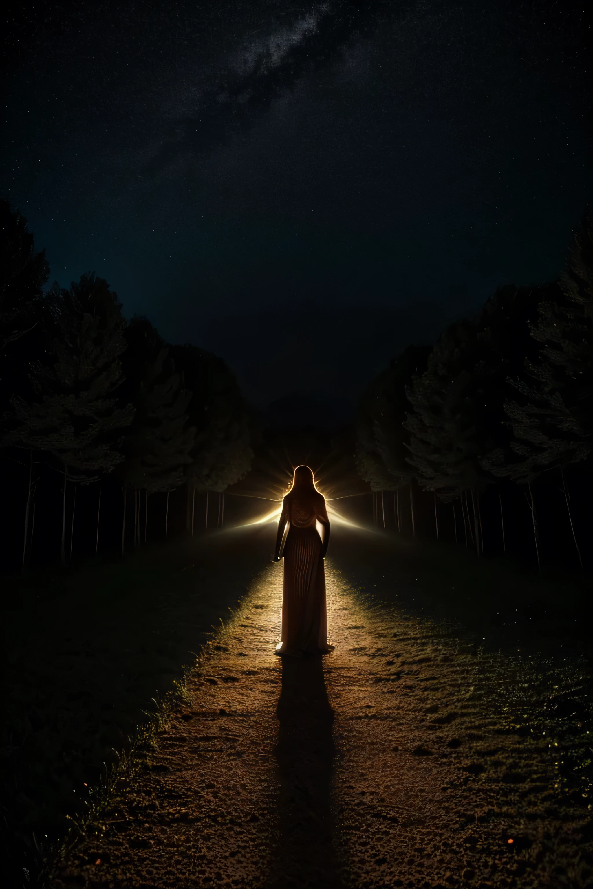 a very beautiful dark tanned belgian orange haired woman trapped on a path in time and space, night behind us and day ahead, in eternal doubly refracting holograffiti Liminal Space liminal, eerie, ethereal, fantastic, strange, unnatural lighting, dynamic lighting, depth of field, vanishing point, protruding, descending lacewings, little dragons flying