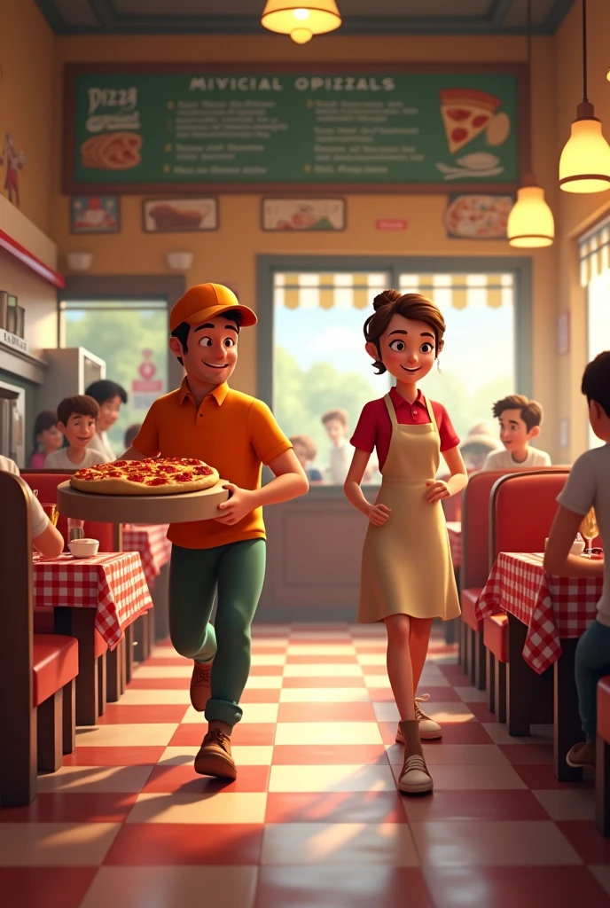 Animated image of a delivery man and a waiter working in a pizzeria



