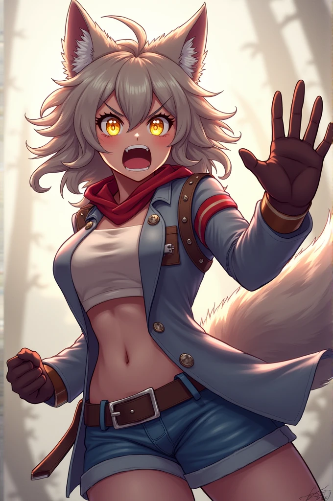 Omega wolf girl with a scared and passionate look and with one of her arms injured and with her wolf tail swinging in fear and yellow anime style eyes