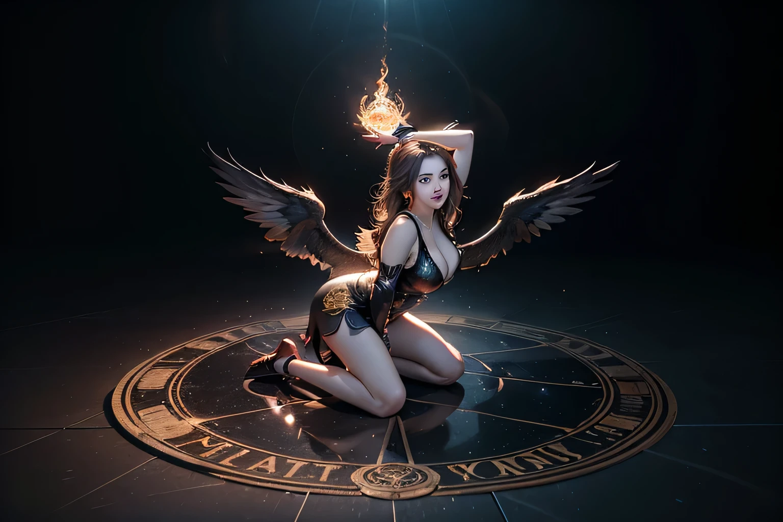 magic circle, ((A small summoned phoenix full of vitality and a sexy female summoner))、(A beautiful and sensual female summoner)、(Beautiful Eyes)、Beautiful and well-proportioned face、(Sensual and extremely revealing mini dress:1.2)、(Eye-catching super big breasts:1.37)、Fascinating super big ass、(Sexy and acrobatic summoning pose)、(Perfect Anatomy:1.3)、Correct fingers、((Summon the fiery phoenix with a magic circle))、Exquisitely drawn wings of fire、dramatic scene、Magnificent fantasy landscapes、Cinematic lighting、Digital Art、Concept Art Style、magical realism、(Highest quality、8k、High resolution、masterpiece:1.2)、Ultra-Details、(Real、Photorealistic、Photo-Realistic:1.37)、HDR、Vivid colors、View your viewers、A confident smile、wilderness