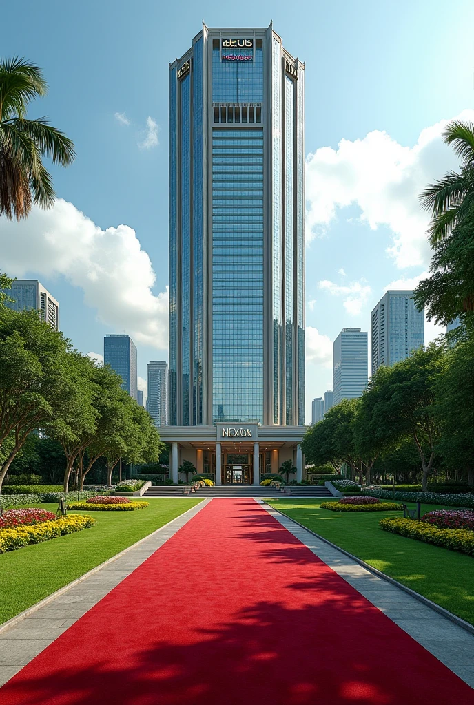 A luxurious, presidential standard company headquarters with the name NEXUS on it and red carpet on entrance with Singaporean architecture,grass, flowers and on it's own space where is the name NEXUS 