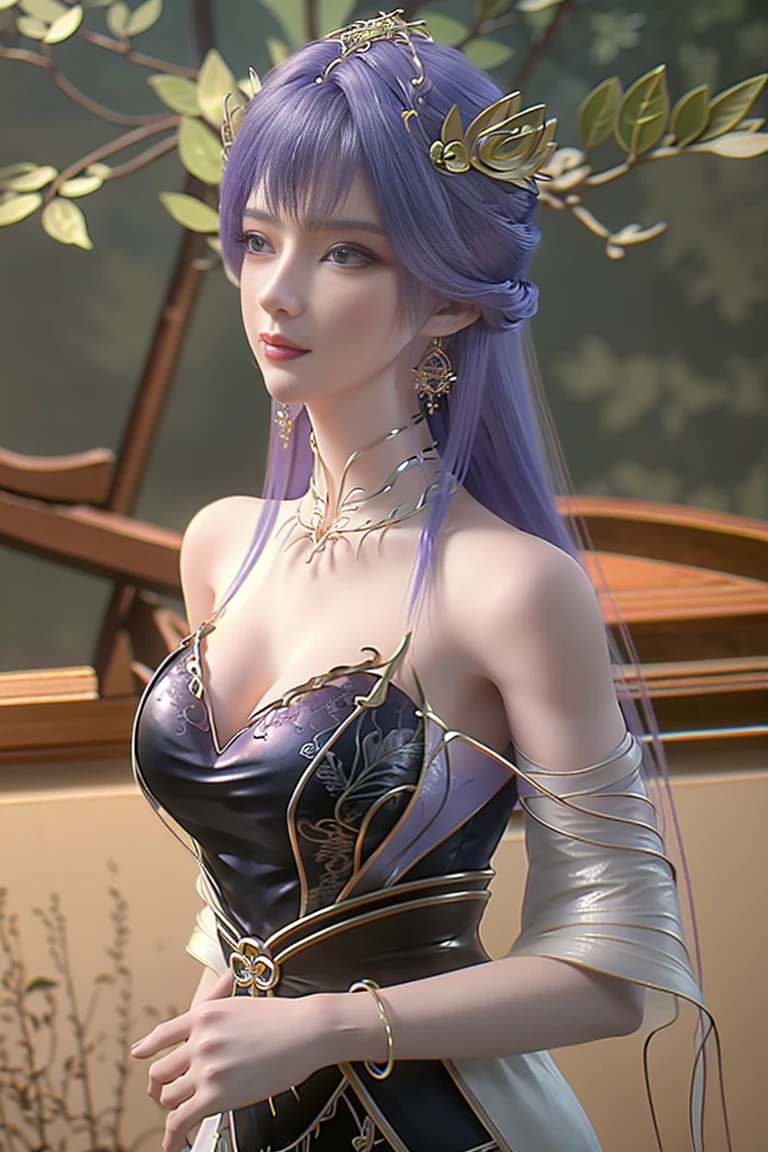 Masterpiece, best quality, ultra high quality, 
(crystalstexture skin:1.2), (extremely delicate and beautiful),
1girl, solo, jewelry, long hair,bare shoulders, purple hair, looking at viewer,earrings,  delicate lace, lace, white skin, pale skin, 3d, (large breasts:1.2), hair ornament,  soft lighting, natural lighting, day, sky, wisteria, outdoors, detail color,