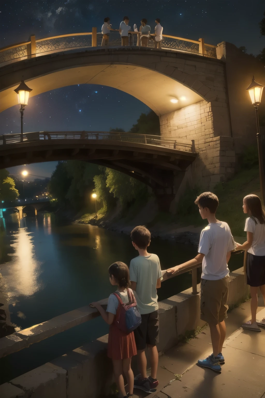 group of boys and girls near a bridge on a summer night,