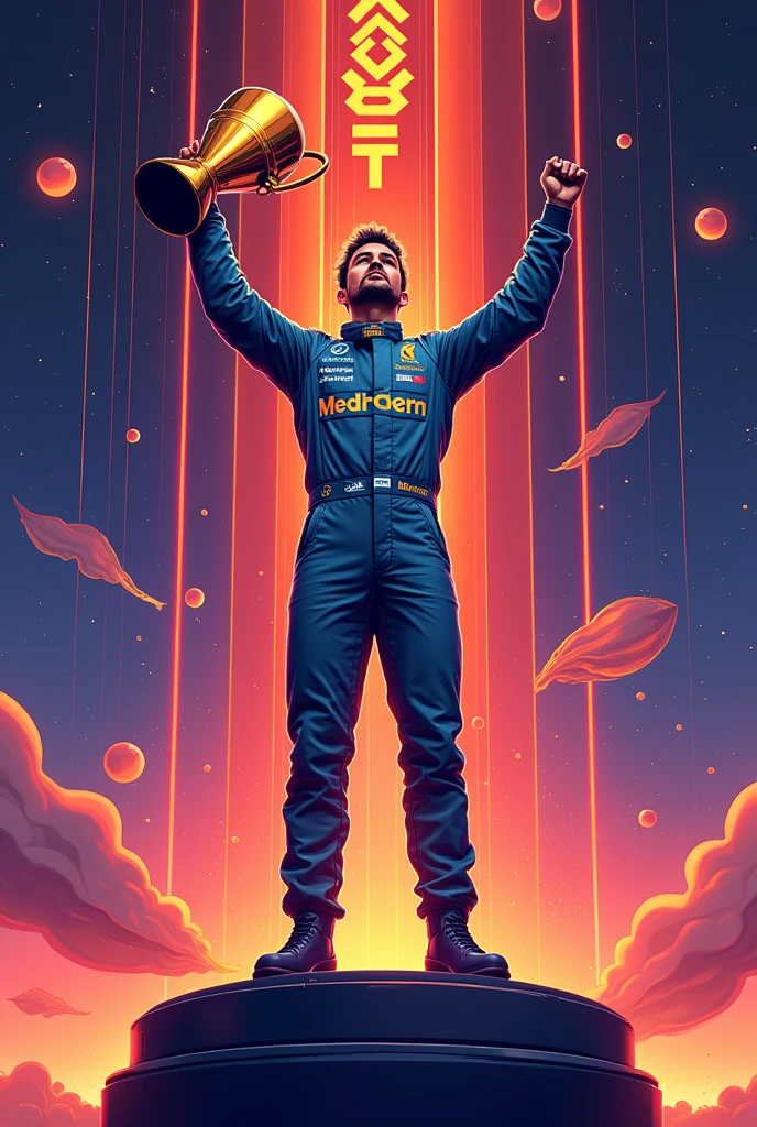 I would like to create a drawing to trace that contains the pilot Tommy Pintos of the McLaren body with a trophy and cb8 and chabit which is a cryptocurrency the bsc network listed on bitmart, toobit and lbank