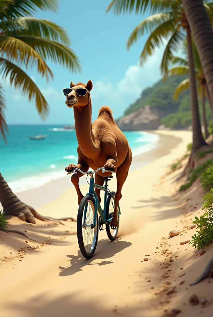An athlete camel wearing sunglasses ,  riding a women&#39;s bike on a steep road , surrounded by beach sand , with speed and in the background the blue sea.
the landscape with coconut trees and lots of wind

