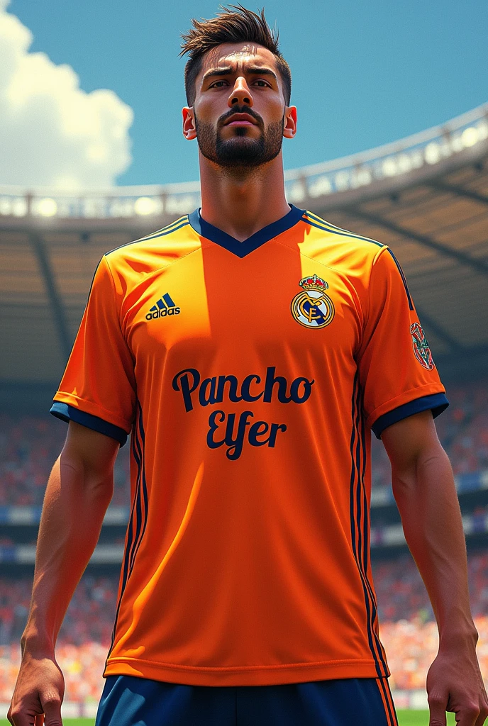 Real Madrid orange shirt, put it on the front of the shirt, remove the Emirates fly and put Pancho Elfer on it, support the sport