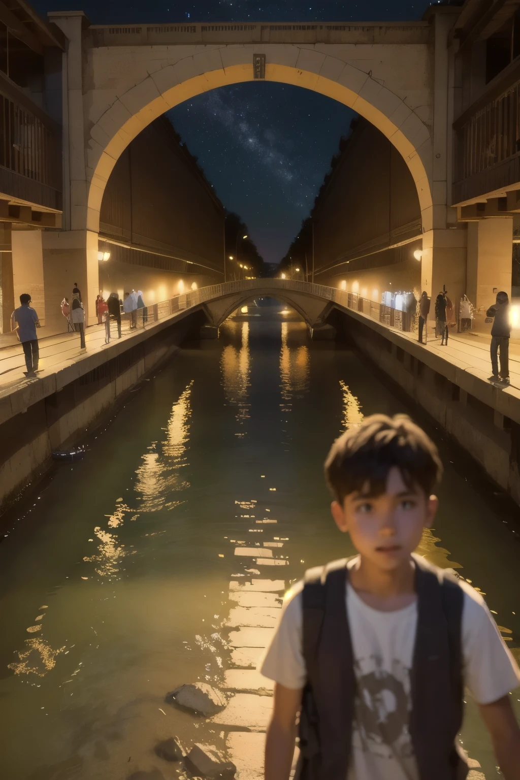 group of boys and girls near a bridge on a summer night,