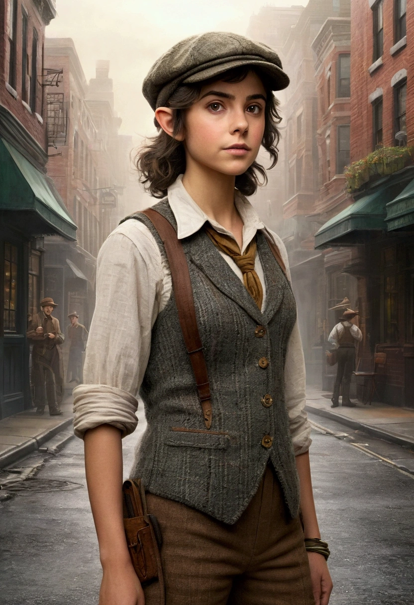 An illustrated movie poster, hand-drawn, full color, a teenage elven girl, wearing a tweed vest and a newsie cap, athletic hourglass figure, long pointy elf ears, dark hair, messy shaggy bob cut, deep sun-tanned skintone, resembles Ana De Armas, standing on a foggy victorian-era street corner, graphite shading, stencil marks, airbrushed acrylic paint, masterpiece, in the style of the Sherlock Holmes, elf ears