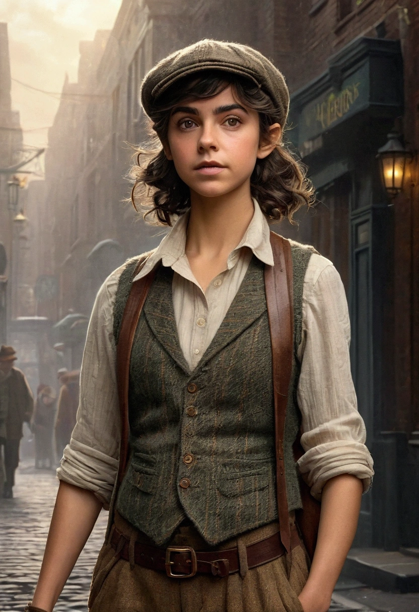 An illustrated movie poster, hand-drawn, full color, a teenage elven girl, wearing a tweed vest and a newsie cap, athletic hourglass figure, long pointy elf ears, dark hair, messy shaggy bob cut, deep sun-tanned skintone, resembles Ana De Armas, standing on a foggy victorian-era street corner, graphite shading, stencil marks, airbrushed acrylic paint, masterpiece, in the style of the Sherlock Holmes, elf ears