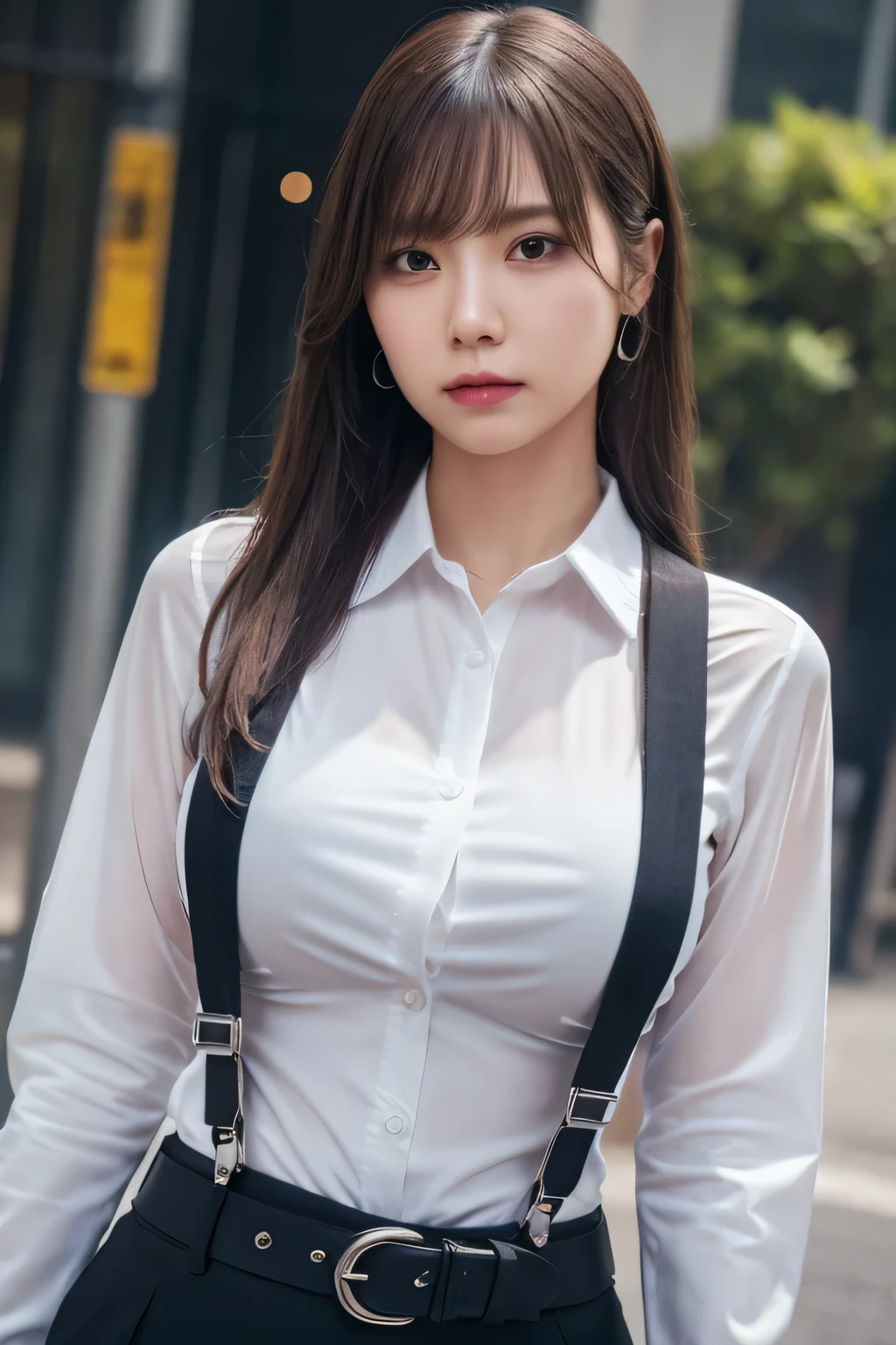 a woman in a suit, belt, hands behind back, sweating, suspenders, black pants, sexly, large breasts, see-through clothing, rain, detective, office worker, white button-up shirt, (best quality,4K,8k,highres,masterpiece:1.2),ultra-detailed,(realistic,photorealistic,photo-realistic:1.37),hyper-detailed,highly detailed face and body, Slender　thin　suspenders　Moderate breasts　See-through shirt　Nipples　holster　chain　Pistol　Armament　criminal　Female criminal　knife