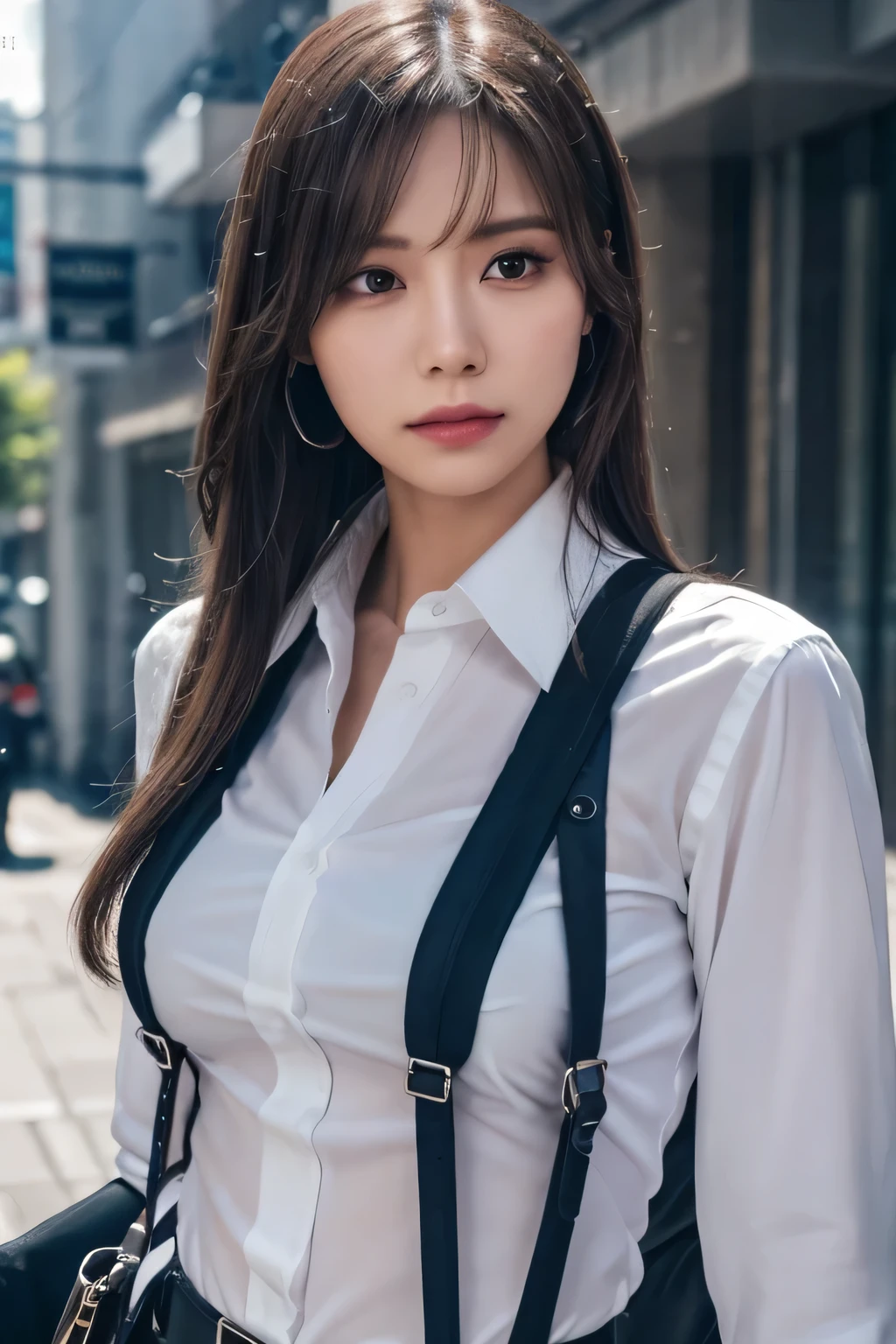 a woman in a suit, belt, hands behind back, sweating, suspenders, black pants, sexly, large breasts, see-through clothing, rain, detective, office worker, white button-up shirt, (best quality,4K,8k,highres,masterpiece:1.2),ultra-detailed,(realistic,photorealistic,photo-realistic:1.37),hyper-detailed,highly detailed face and body, Slender thin suspenders Moderate breasts See-through shirt Nipples holster chain Pistol Armament criminal Female criminal knife