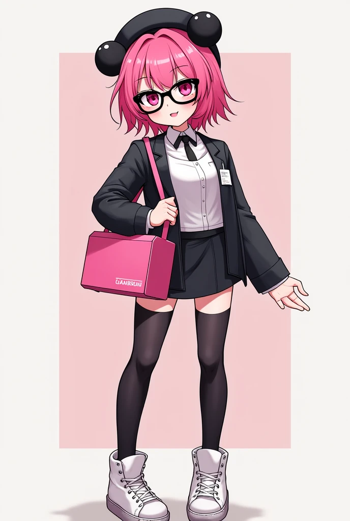 that she has a chest disease that is extremely daring, that she has pink hair, a black beret with pompoms, black glasses, pink eyes, an extremely blush, a pink censorship box, a short black skirt, black stockings, white sneakers, and that she is a girl