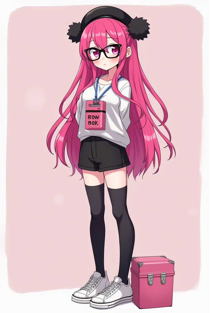 that she has a chest disease that is extremely daring, that she has pink hair, a black beret with pompoms, black glasses, pink eyes, an extremely blush, a pink censorship box, a short black skirt, black stockings, white sneakers, and that she is a girl