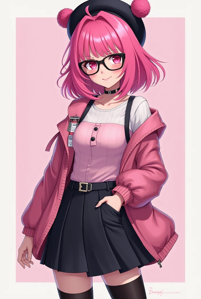 that she has a chest disease that is extremely daring, that she has pink hair, a black beret with pompoms, black glasses, pink eyes, an extremely blush, a pink censorship box, a short black skirt, black stockings, white sneakers, and that she is a girl