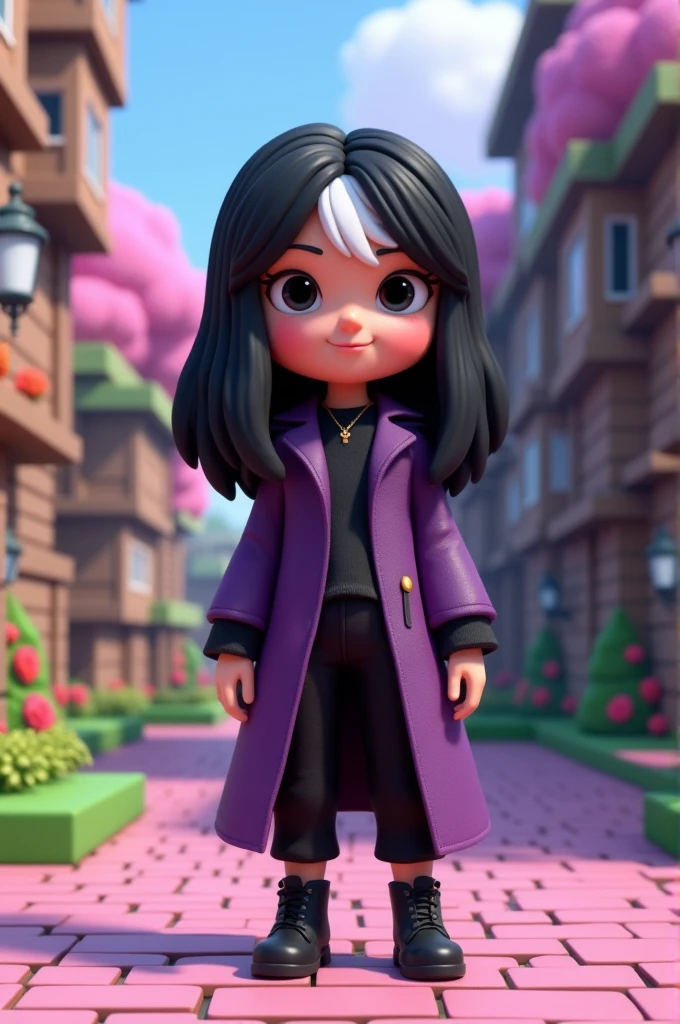 a character with black hair and a white stripe on his forehead and hair with a purple coat and black knee-length pants with black shoes and eyes with black pupils and half-wide eyes, minecraft, 3D cartoon, white borders