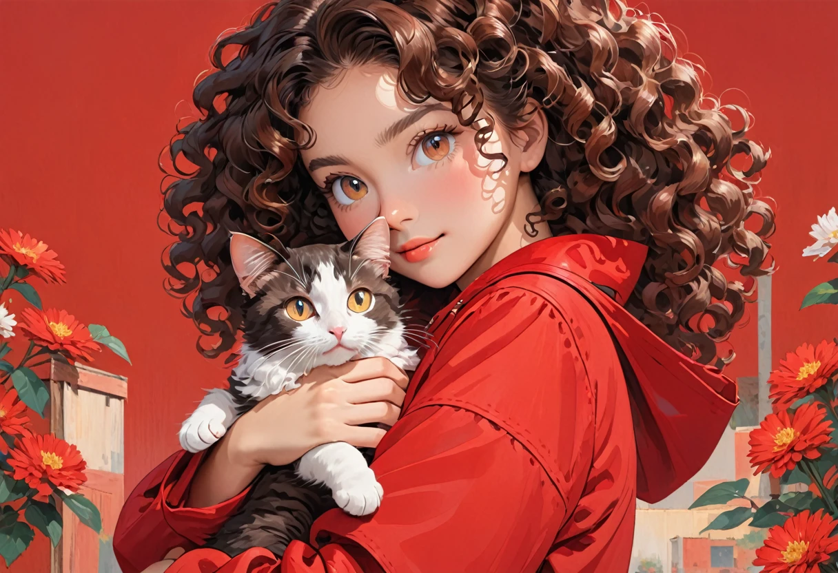 A young -skinned woman with curly hair with eyes in a red outfit holding a cat in her arms