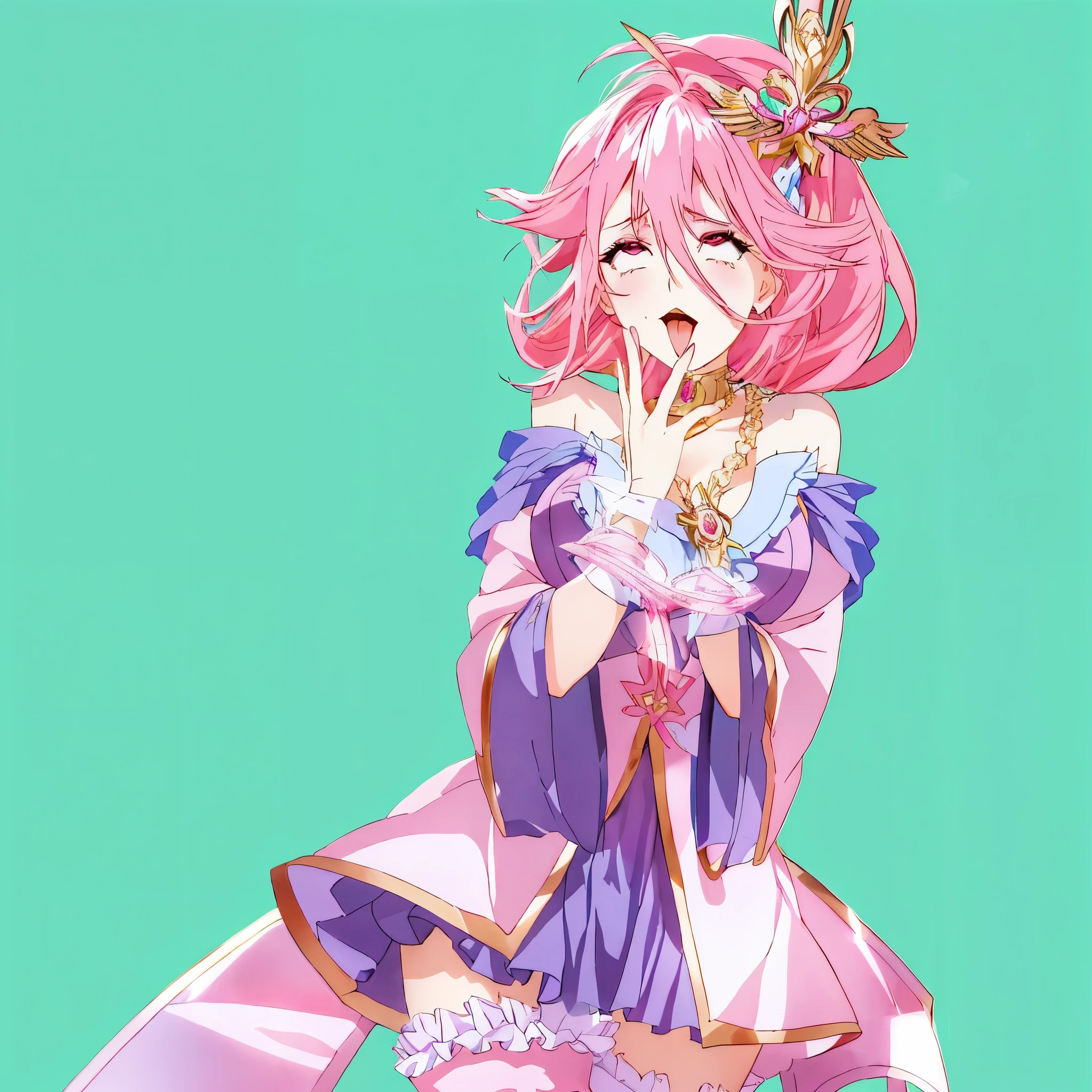 anime girl with pink hair and a blue dress holding a sword,anime styling, anime traits, garota com neckleace fazendo caretas, tongue out, garota com tongue out, neckleace, huge pink breasts, sexy breasts, sexy outfit, girl making a face, girl making a face, pretty girl, big boobies,