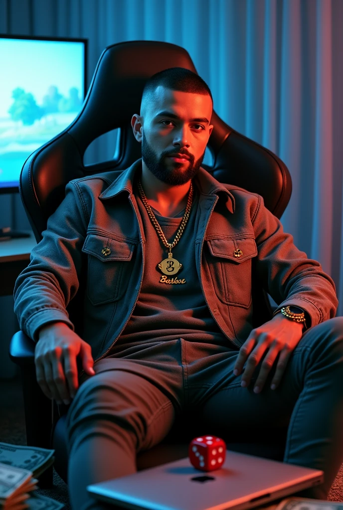 lta resolution, ultra detaild), (cinematic), (ultra HD), standing alone, roupa louis vuitton ,gold chain around the neck with pendant written barbosa , short goatee and beard,sitting gamer chair macbook on lap, in the background a curved screen monitor,, 2 dice on the floor, one blue and one red, a lot of money, Money on the floor,de casino