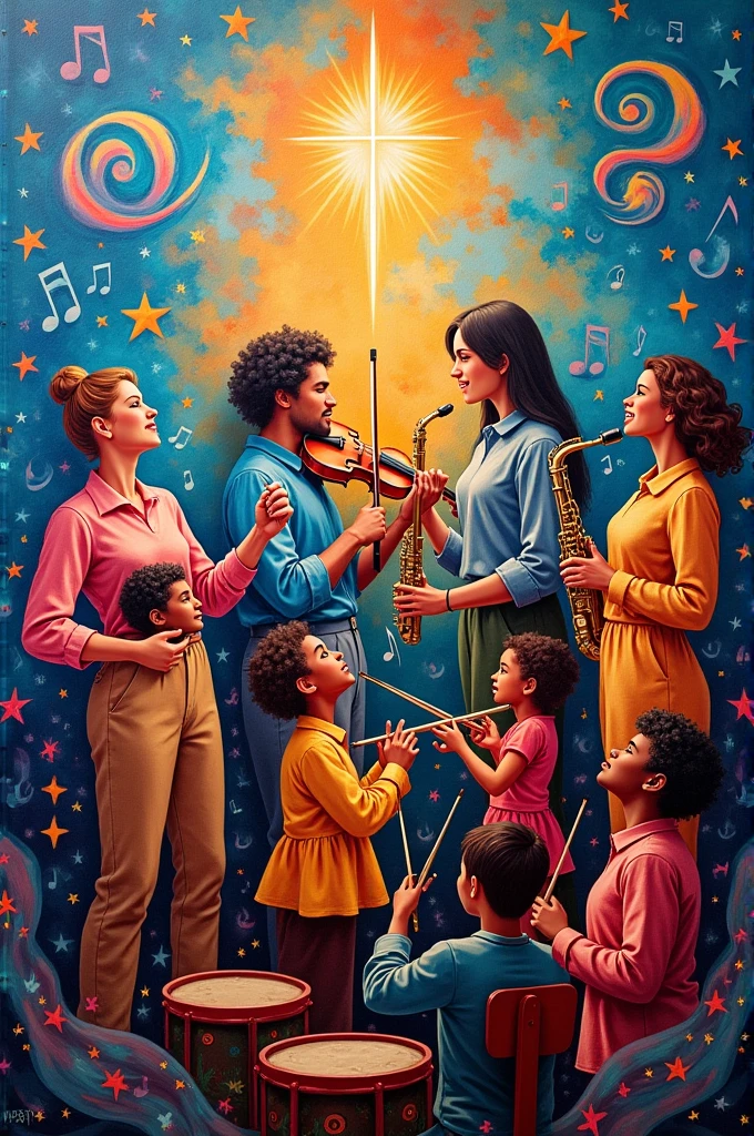 I need to create an image for a music mural that says Dedicated to Serving, to love and adore (have drawn notes and musical instruments)