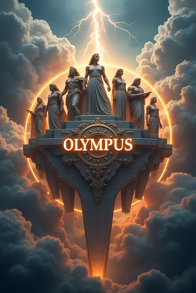 Logo called Olympus, with the gods of Olympus around, thunder and fog