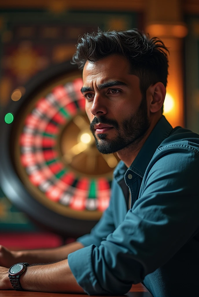 A Brazilian man playing online casino,with an image of a casino roulette wheel in the background