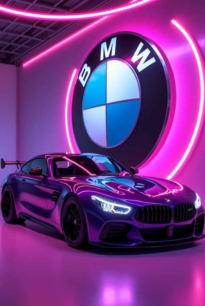 Same purple BMW M competition with a purple background also diagonally with the BMW symbol very large in the background with neon lights on the side