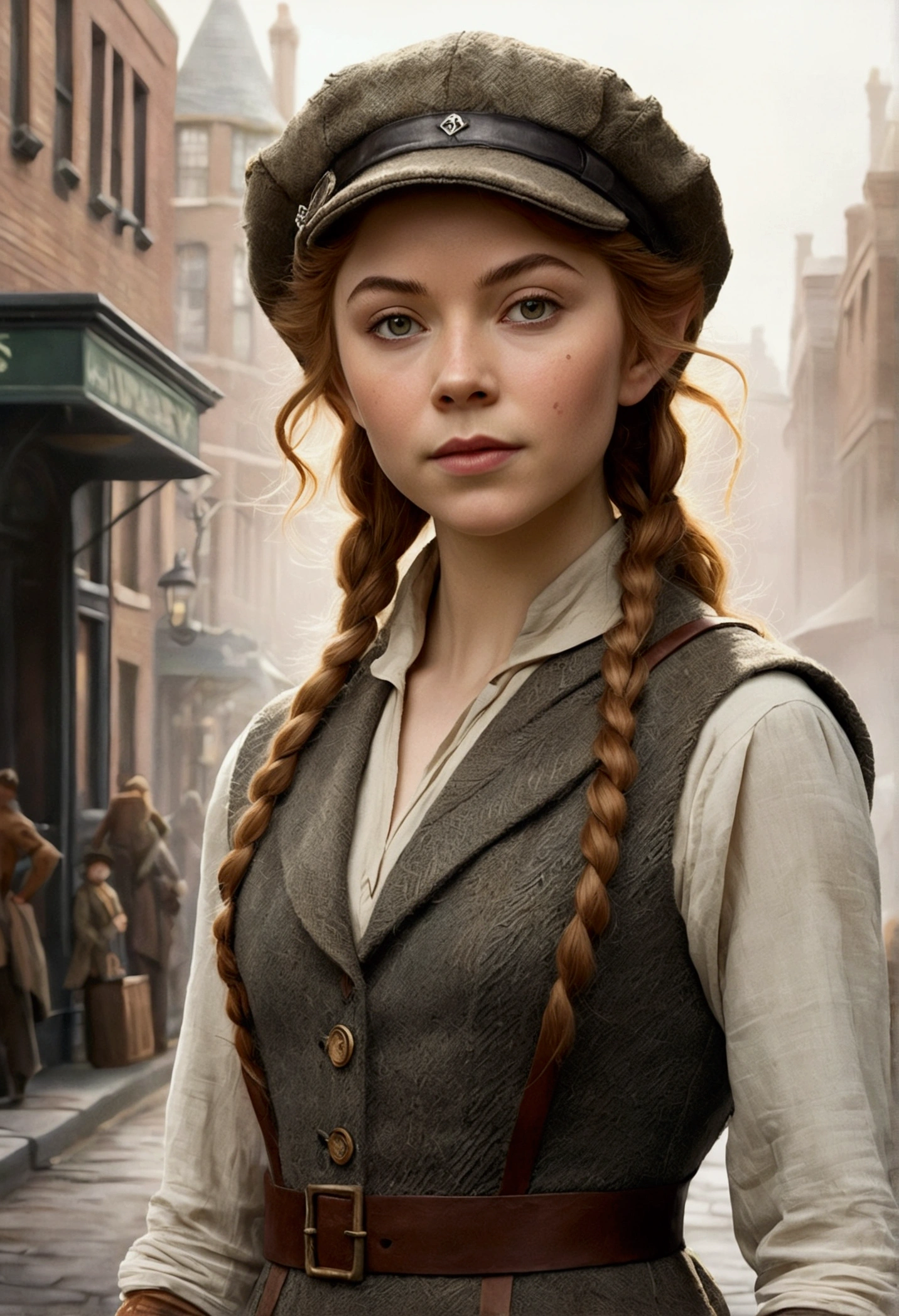 An illustrated movie poster, hand-drawn, full color, an elven maiden, wearing a tweed vest and a newsie cap, tall, toned, amazonian stature, athletic hourglass figure, long pointy elf ears, shaggy bob cut, deep sun-tanned skintone, freckles, resembles Margaery Tyrell, standing on a foggy Victorian-era street corner, graphite shading, stencil marks, airbrushed acrylic paint, masterpiece, in the style of Sherlock Holmes, elf ears