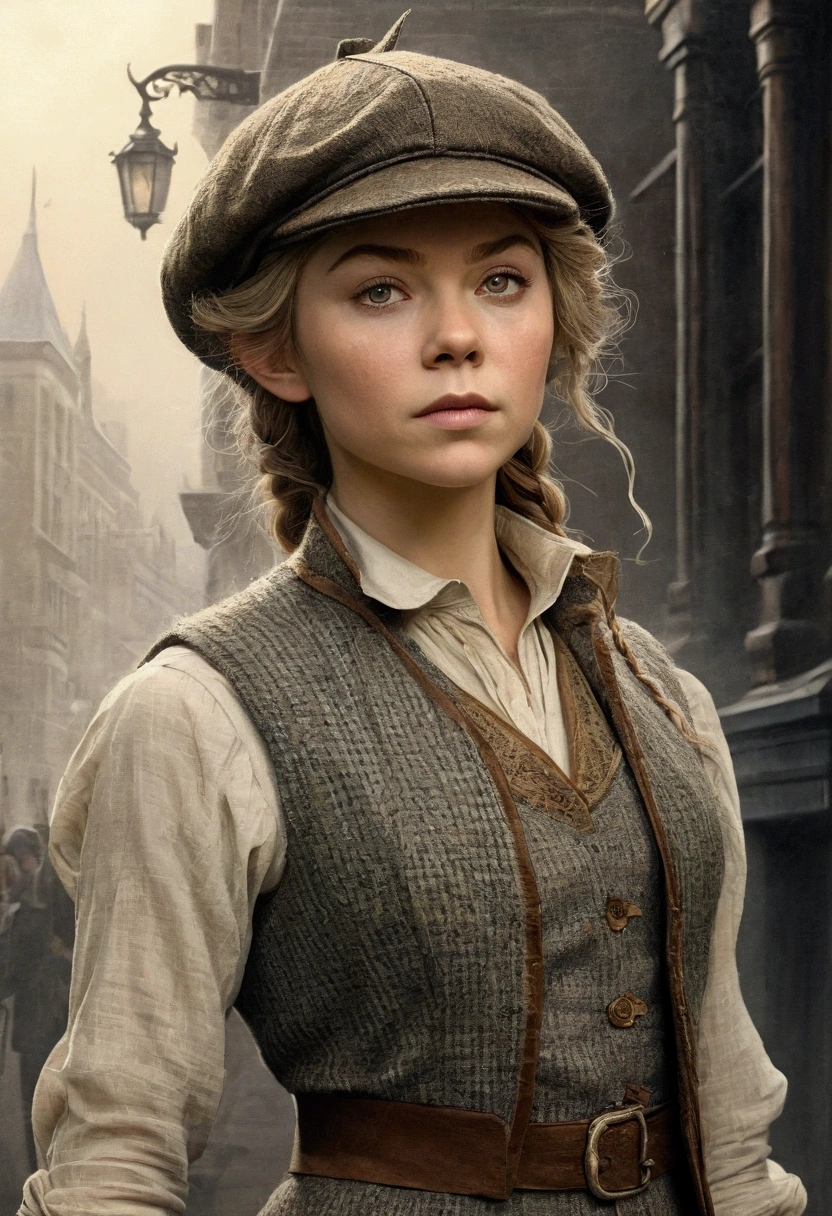 An illustrated movie poster, hand-drawn, full color, an elven maiden, wearing a tweed vest and a newsie cap, tall, toned, amazonian stature, athletic hourglass figure, long pointy elf ears, shaggy bob cut, deep sun-tanned skintone, freckles, resembles Margaery Tyrell, standing on a foggy Victorian-era street corner, graphite shading, stencil marks, airbrushed acrylic paint, masterpiece, in the style of Sherlock Holmes, elf ears