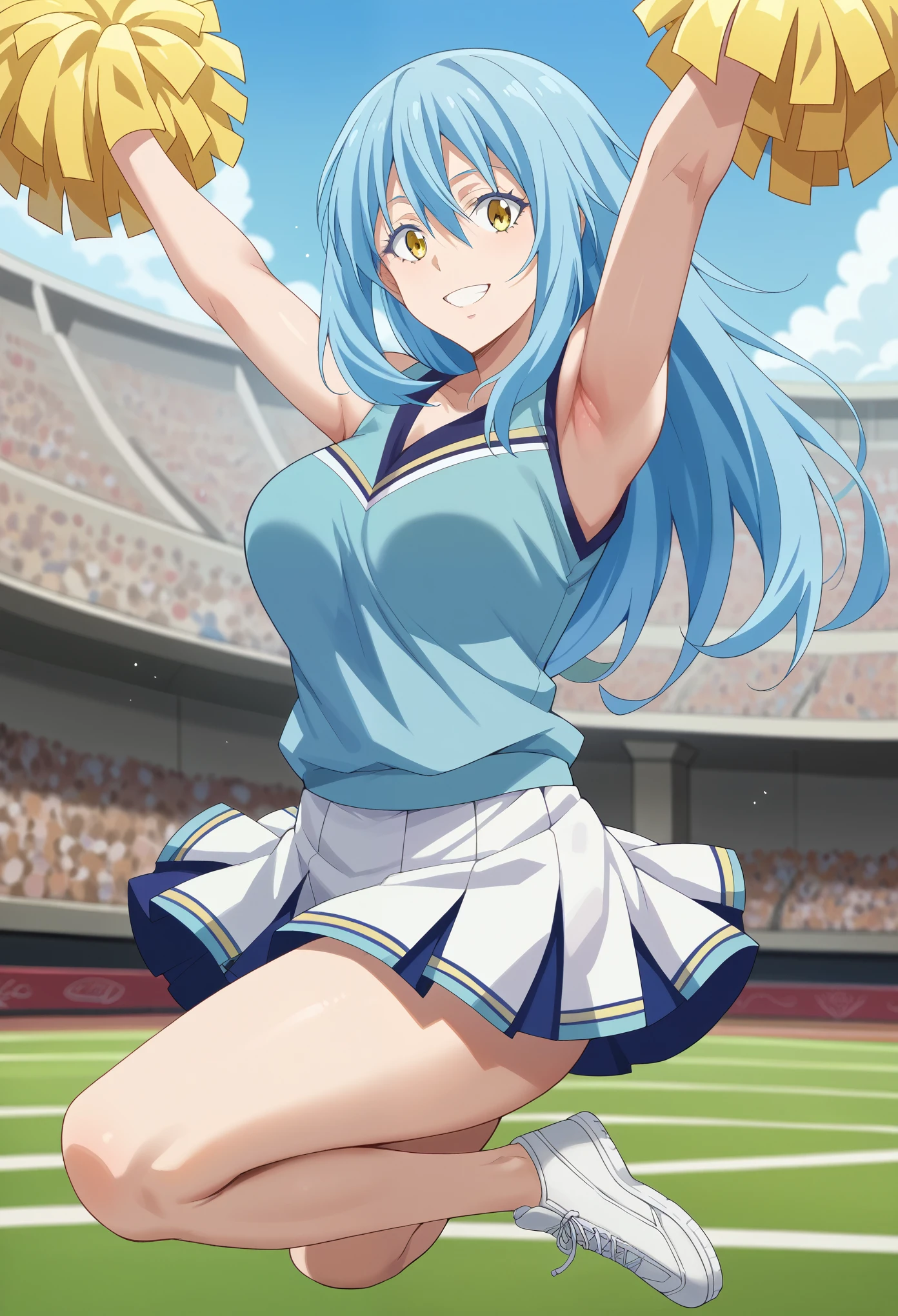 score_9, score_8_up, score_7_up, 1girl, solo, (mature:1.5),female focus, rimuru tempest, long hair, hair between eyes, blue hair, yellow eyes, cheerleader uniform, pom-poms, dark blue shirt, white skirt,breasts, smiling, jumping, one arm up, bare legs, looking at you, coliseum