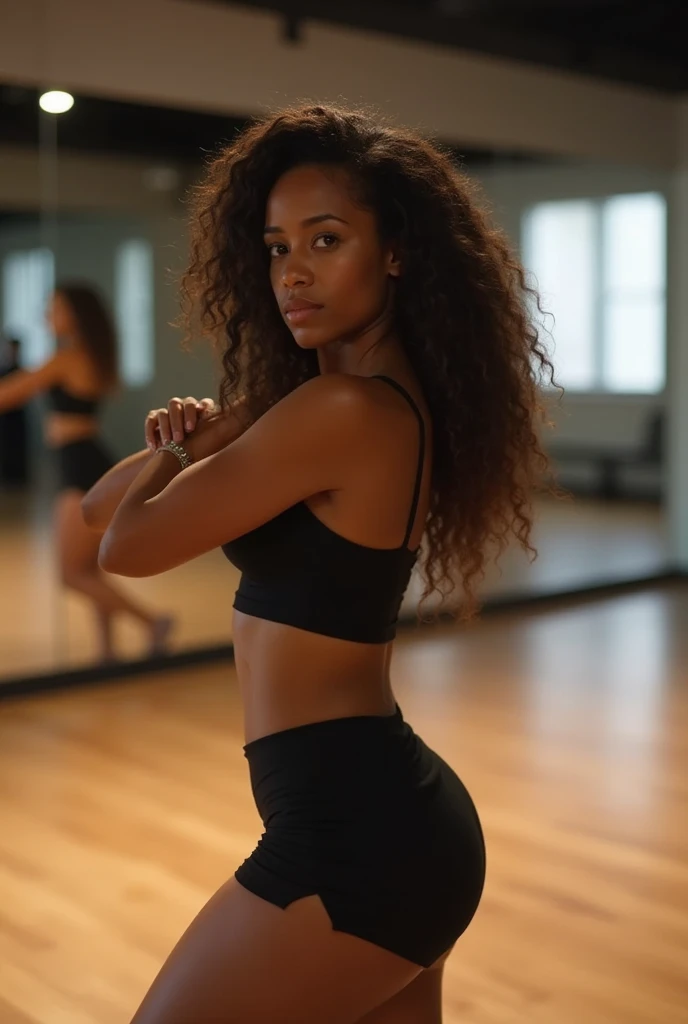 A young woman, brown skin, long dark brown hair, curly hair, brown eyes, she is alone  in a dance studio rehearsing a choreography