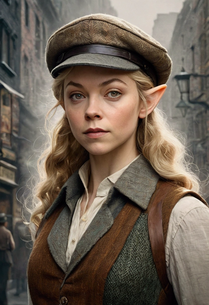 An illustrated movie poster, hand-drawn, full color, an elven maiden, wearing a tweed vest and a newsie cap, tall, toned, amazonian stature, athletic hourglass figure, long pointy elf ears, blonde hair, shaggy bob cut, deep sun-tanned skintone, freckles, resembles Natalie Dormer, standing on a foggy Victorian-era street corner, graphite shading, stencil marks, airbrushed acrylic paint, masterpiece, in the style of Sherlock Holmes, elf ears