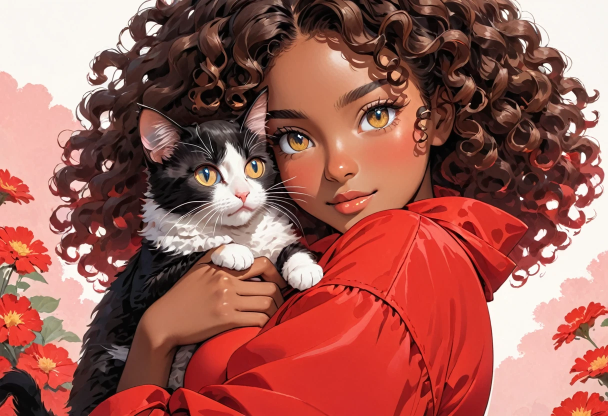 A young black-skinned woman with curly hair with eyes in a red outfit holding a cat in her arms